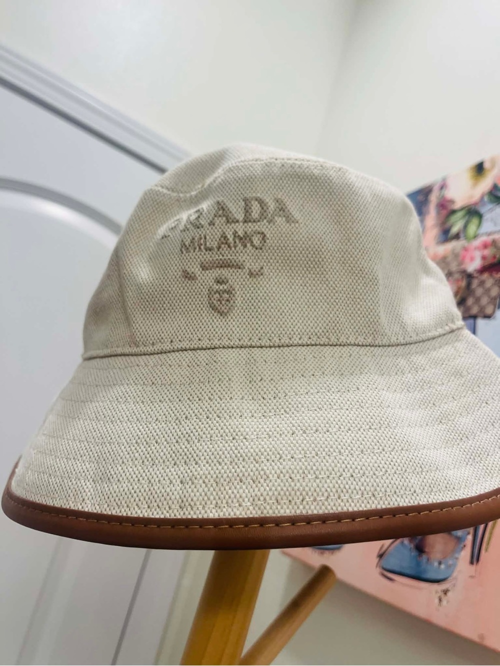 Prada Cream Canvas Bucket Hat with Brown Trim